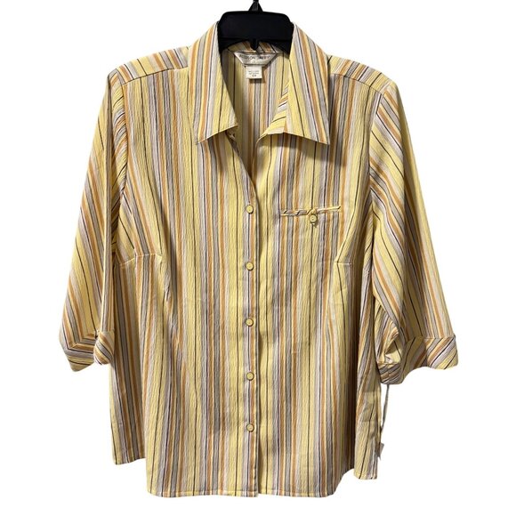 Allison Daley Womens Sz 18W Yellow Striped Button-Down Shirt With 3/4 Sleeves & - Picture 1 of 12